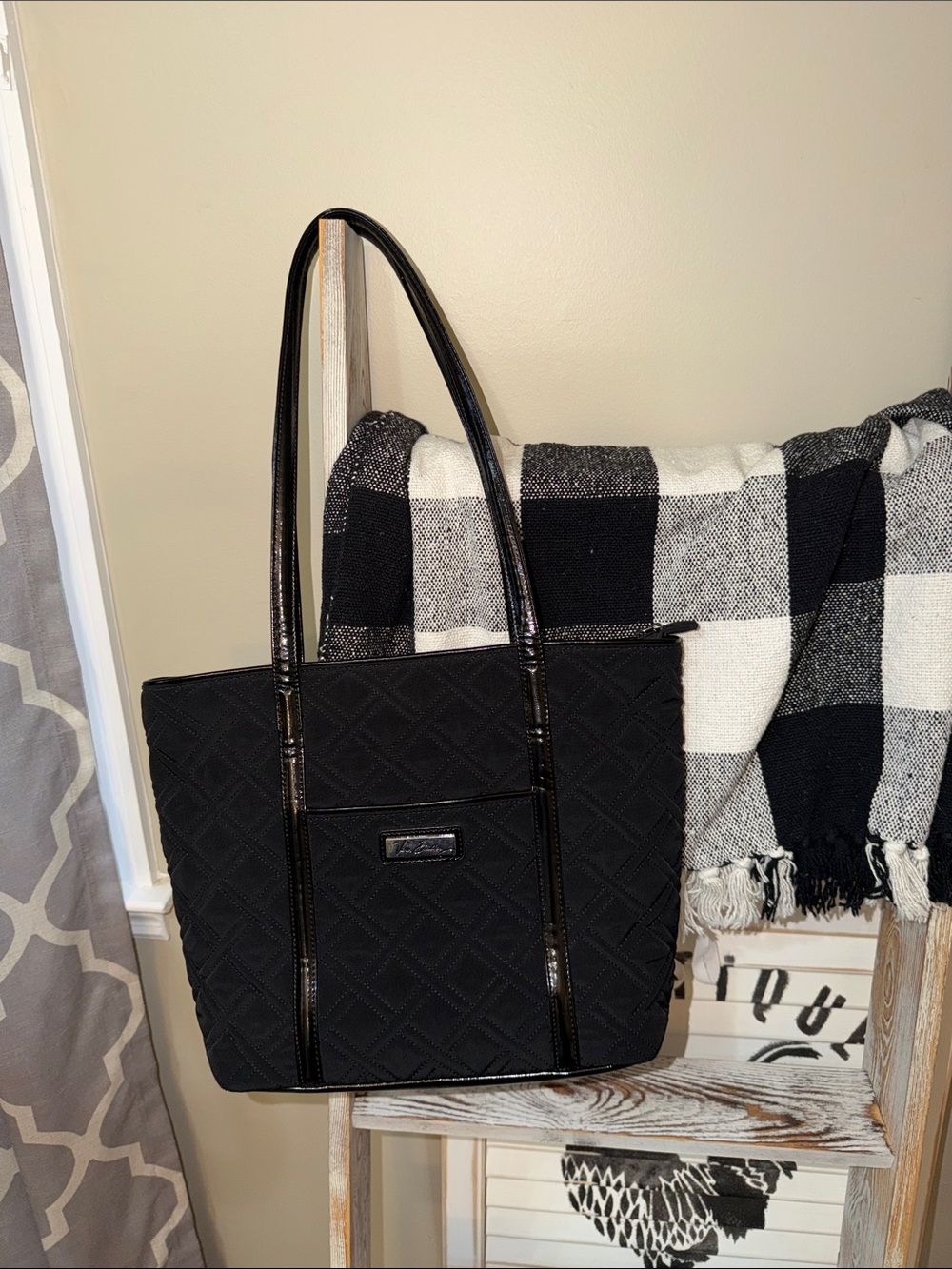Vera Bradley Classic Black Quilted Tote with Patent Trim